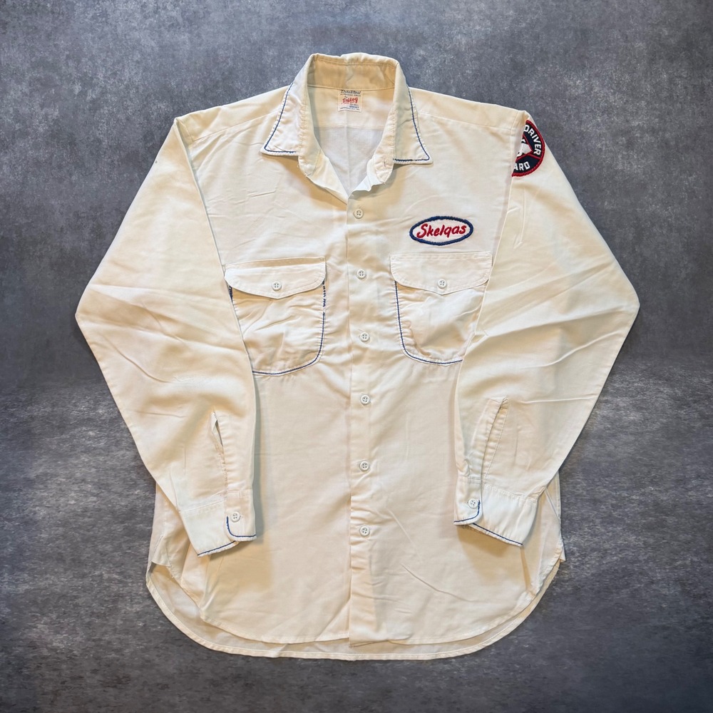 Vtg 60s Unitog DuroPrest Skelgas Patch Shirt Long Sleeve Medium Short Cream USA